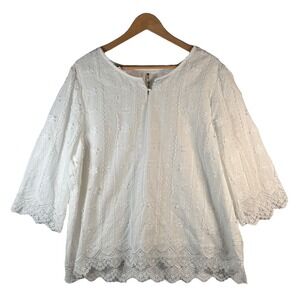 Lea & Nicole White Embroidered Eyelet Cotton Top Scalloped‎ Hem Women's 1X